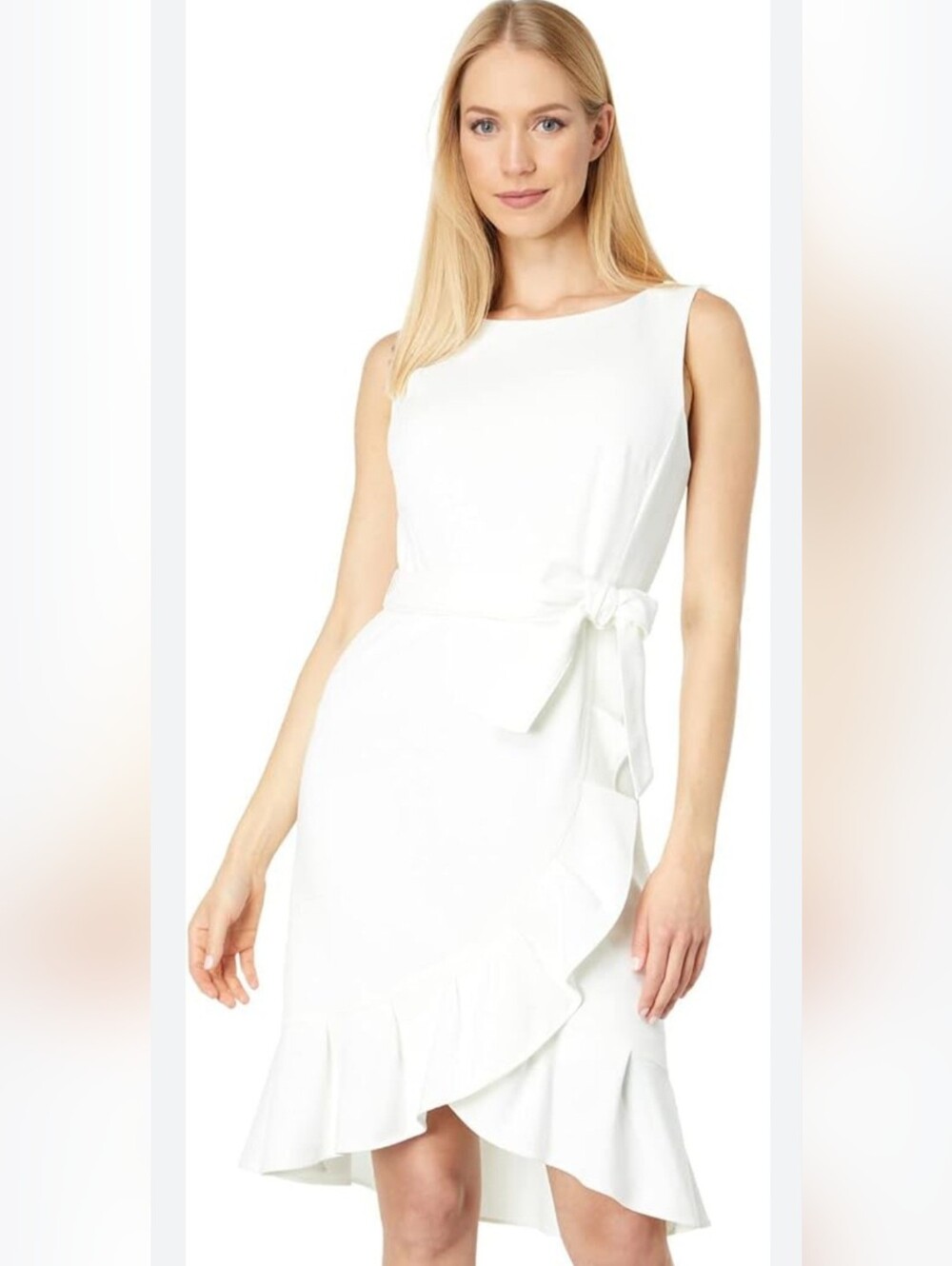 Calvin Klein Sleeveless White Midi Faux Wrap Dress with Ruffle and Waist Tie